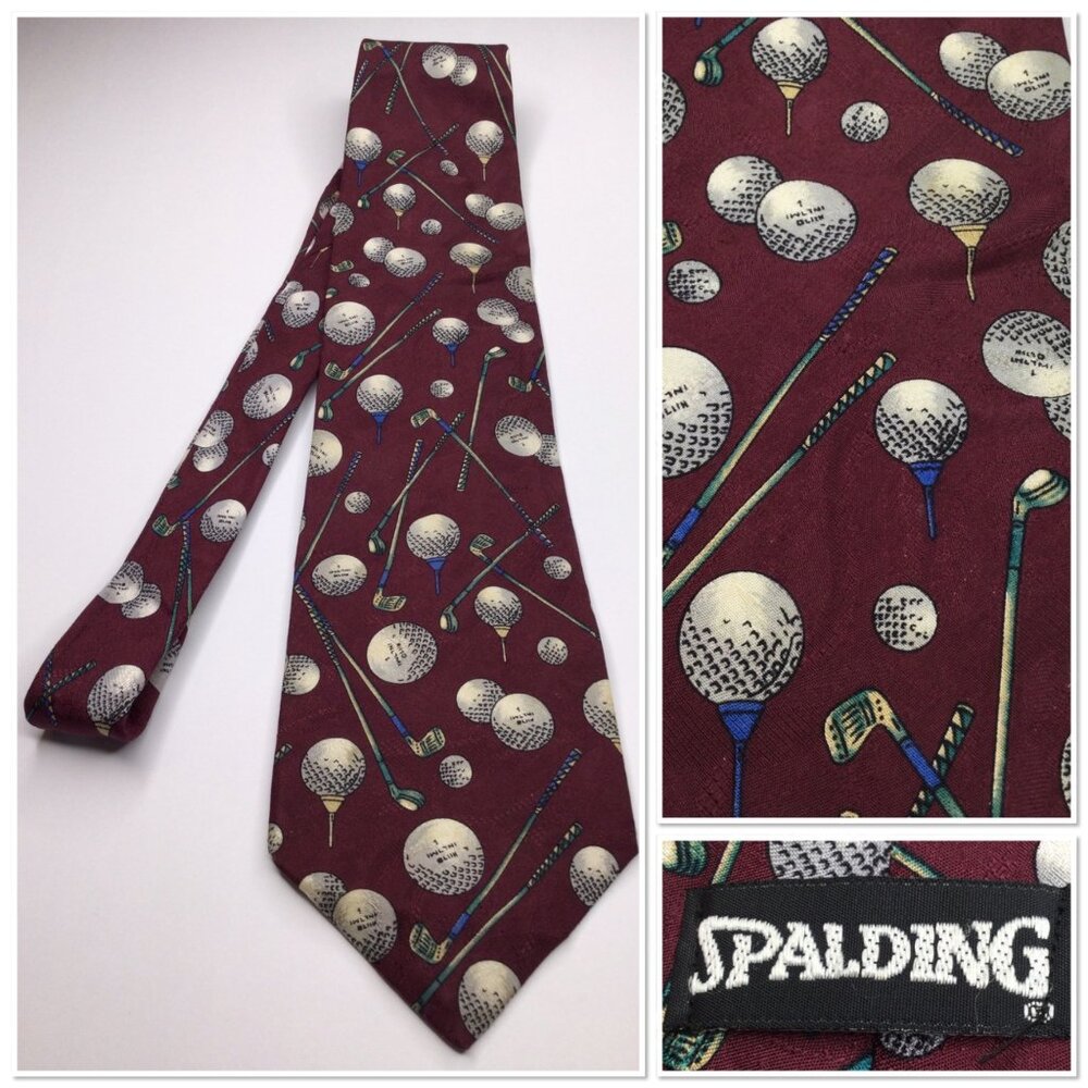 Vintage Spalding Mens Silk Golf Print Necktie Maroon Tie Made In USA